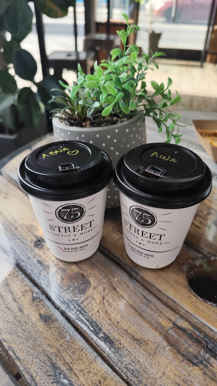 Two takeaway coffee cups labeled with women’s names on a rustic wooden table beside a small potted plant, symbolizing friendship, connection, and shared moments between women.