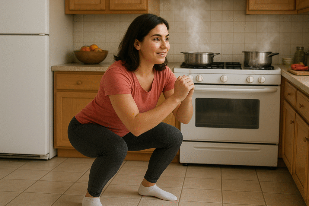 woman doing squats while cooking